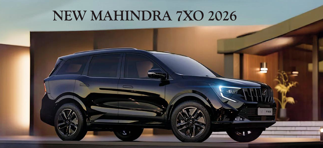 Mahindra XUV 7XO 2026 SUV displayed in a modern showroom with premium metallic finish