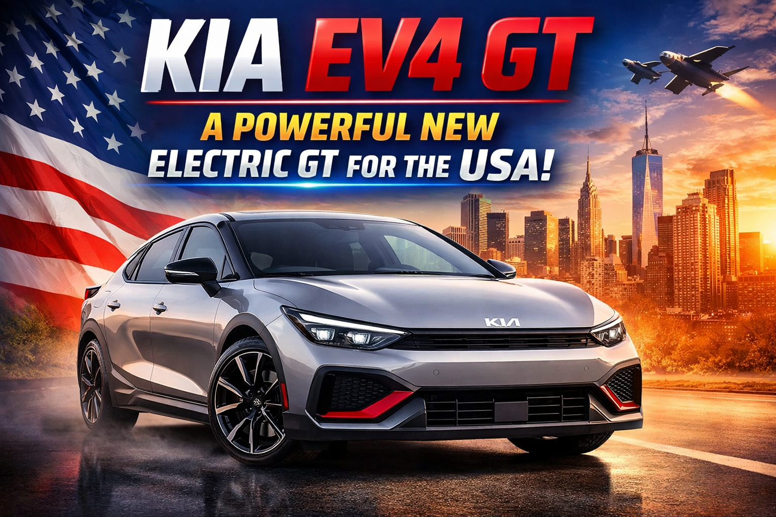 Kia EV4 GT electric car showcased with sporty design, representing a powerful new electric GT launching in the USA in 2026