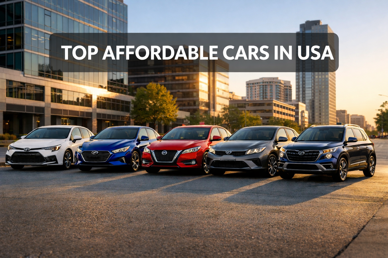 Top 5 affordable cars in the USA including Toyota Corolla, Hyundai Elantra, Nissan Sentra, Kia Forte, and Hyundai Venue