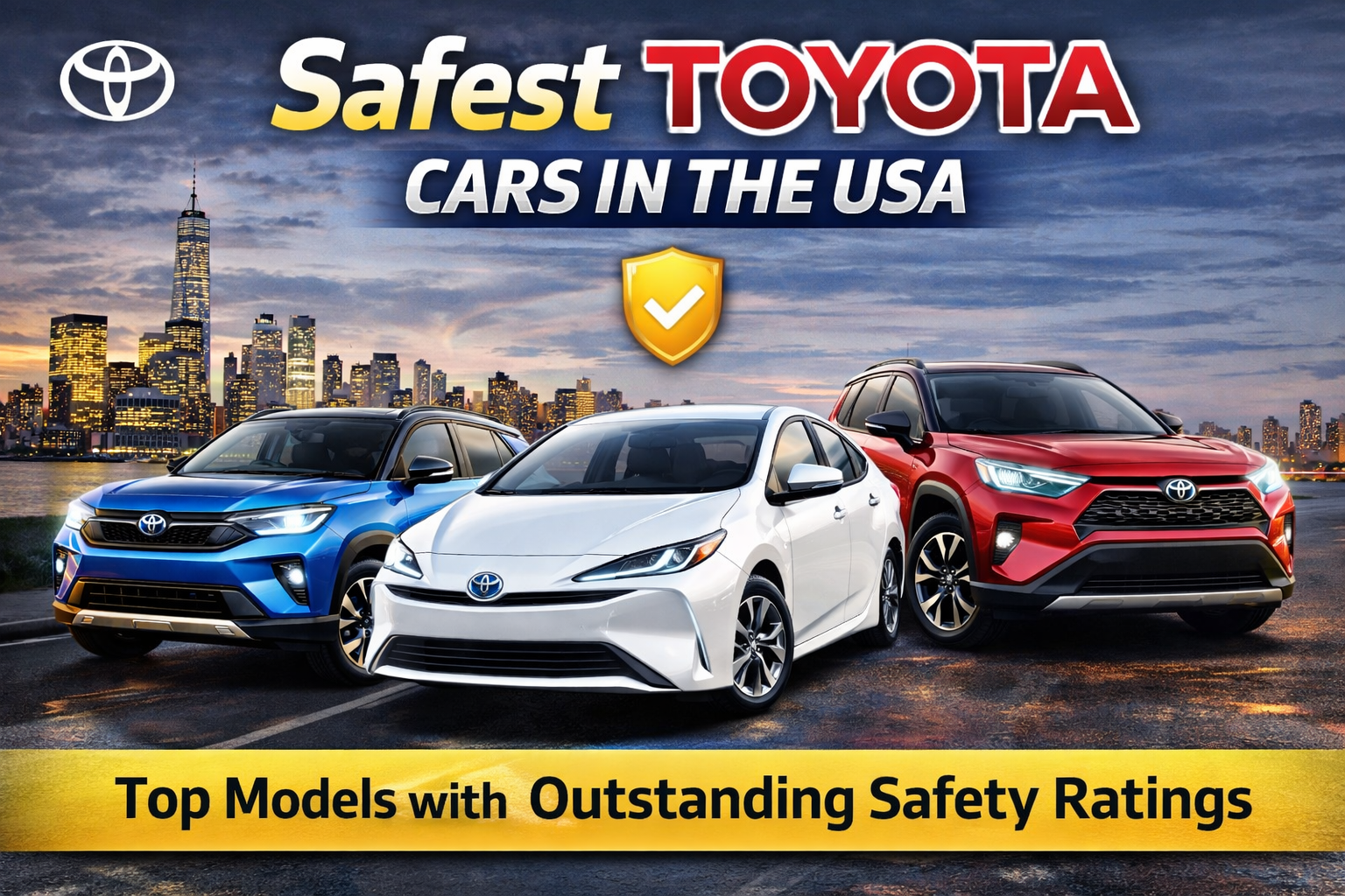 "Three Toyota cars including Camry, Prius, and RAV4 parked on a city street with skyline in the background, representing the safest Toyota cars in the USA with top safety ratings."