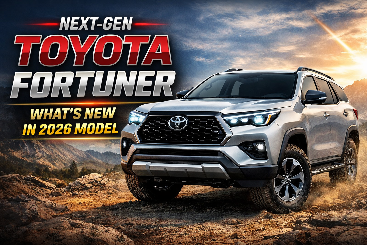 Next-Gen Toyota Fortuner 2026 SUV showcased on rugged terrain highlighting new design and features