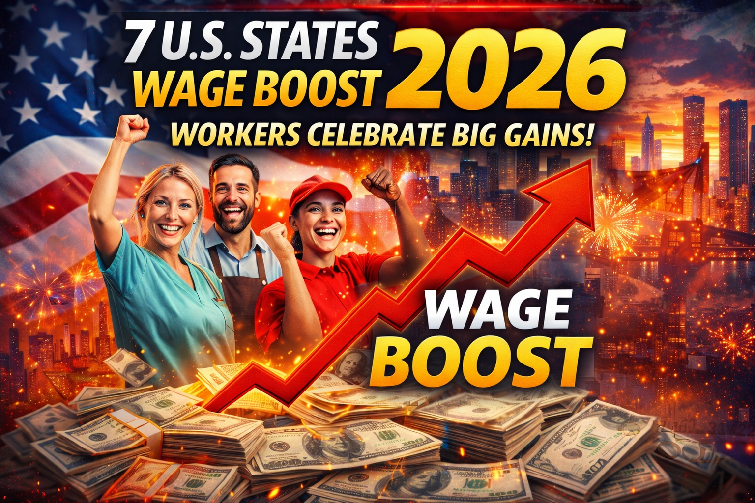 7 U.S. States Wage Boost 2026 – Happy workers celebrating higher pay with money, upward arrow, and American city skyline in background