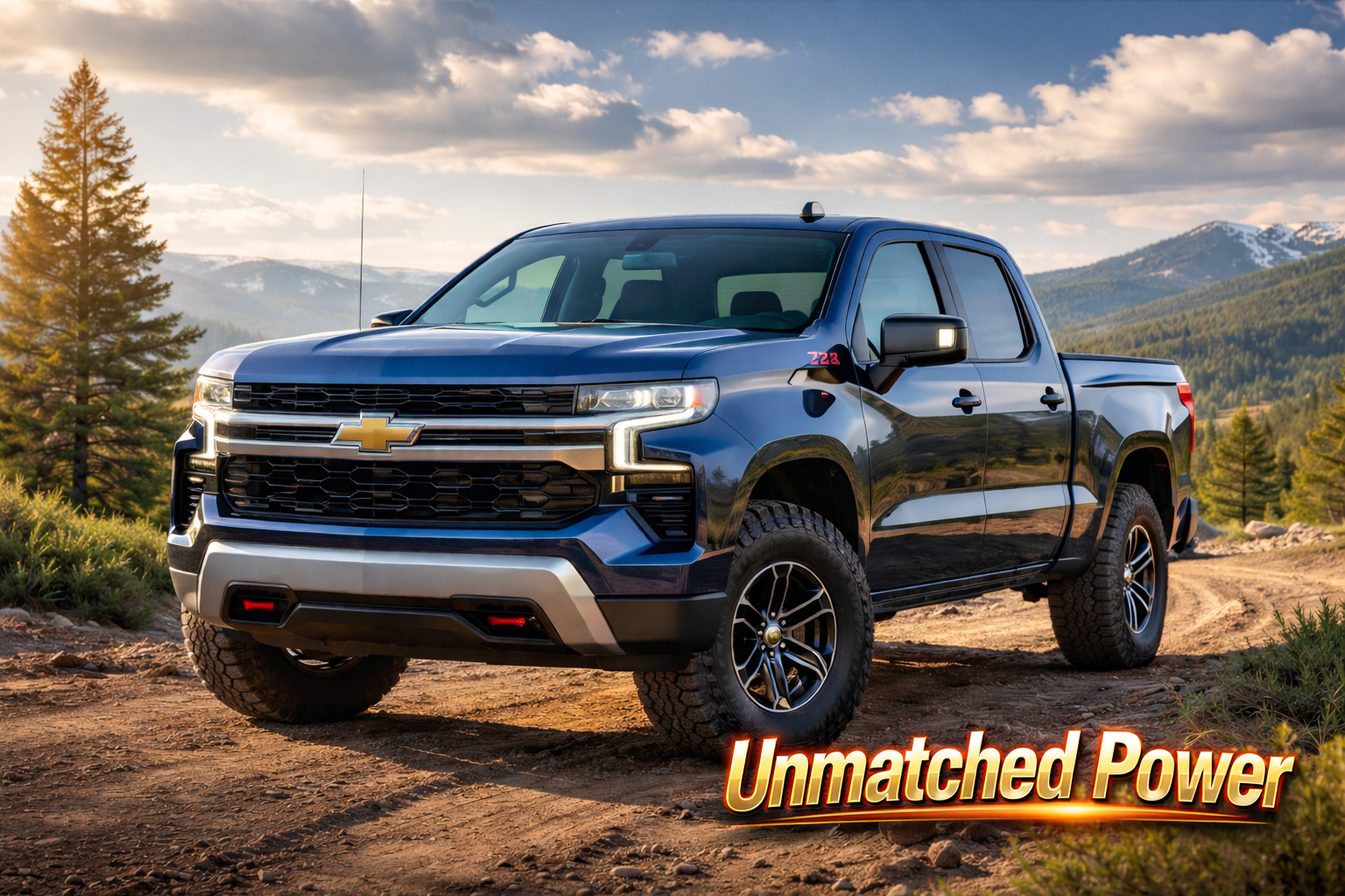 2026 Chevrolet Silverado Z71 metallic blue full-size pickup truck parked on a rugged dirt trail with mountains in the background, featuring bold text 'Unmatched Power' in the corner.
