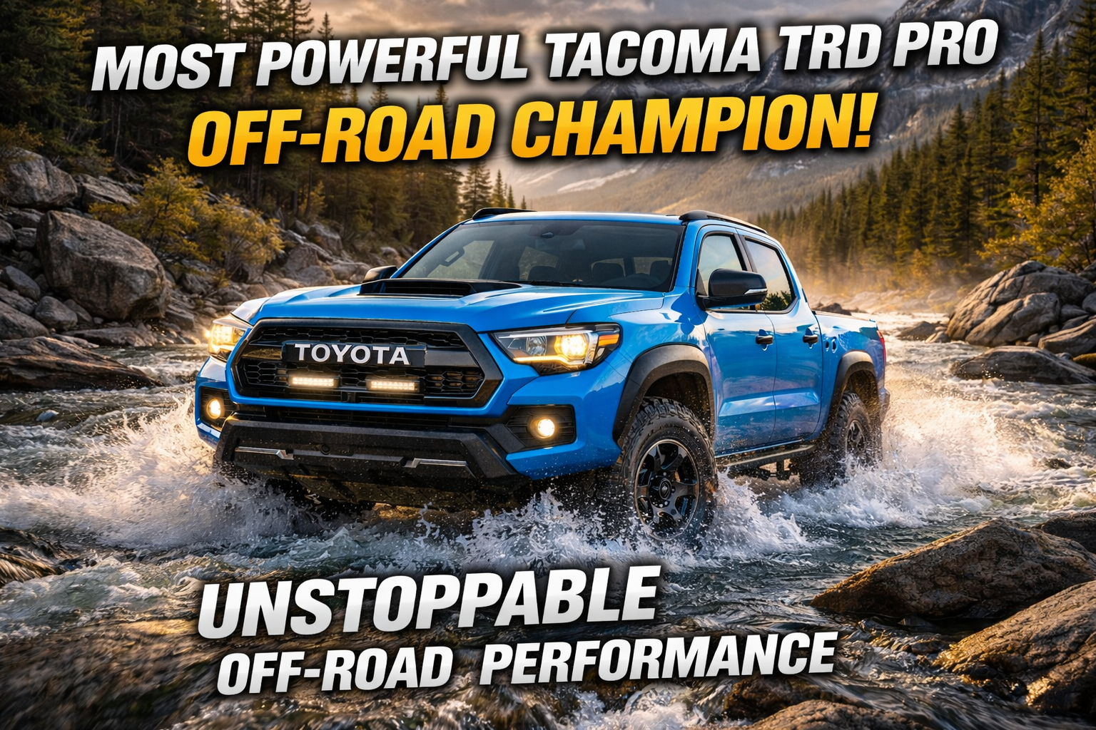 2026 Toyota Tacoma TRD Pro crossing a mountain river, showcasing unstoppable off-road performance in a rugged American landscape