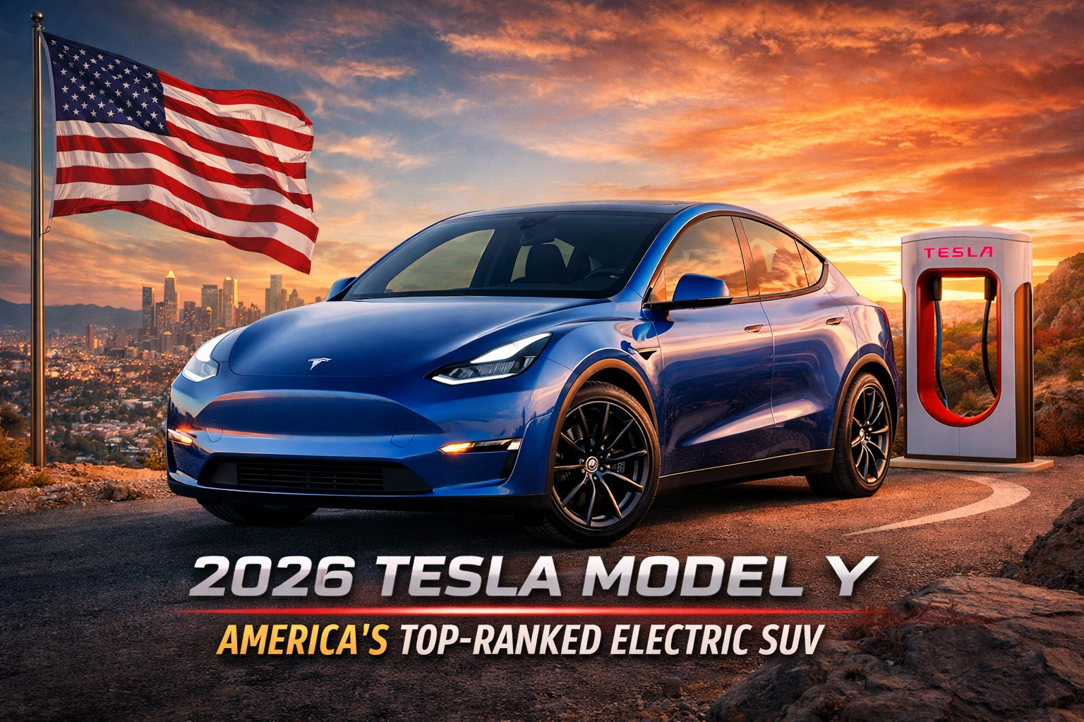 2026 Tesla Model Y electric SUV USA with American flag and Supercharger