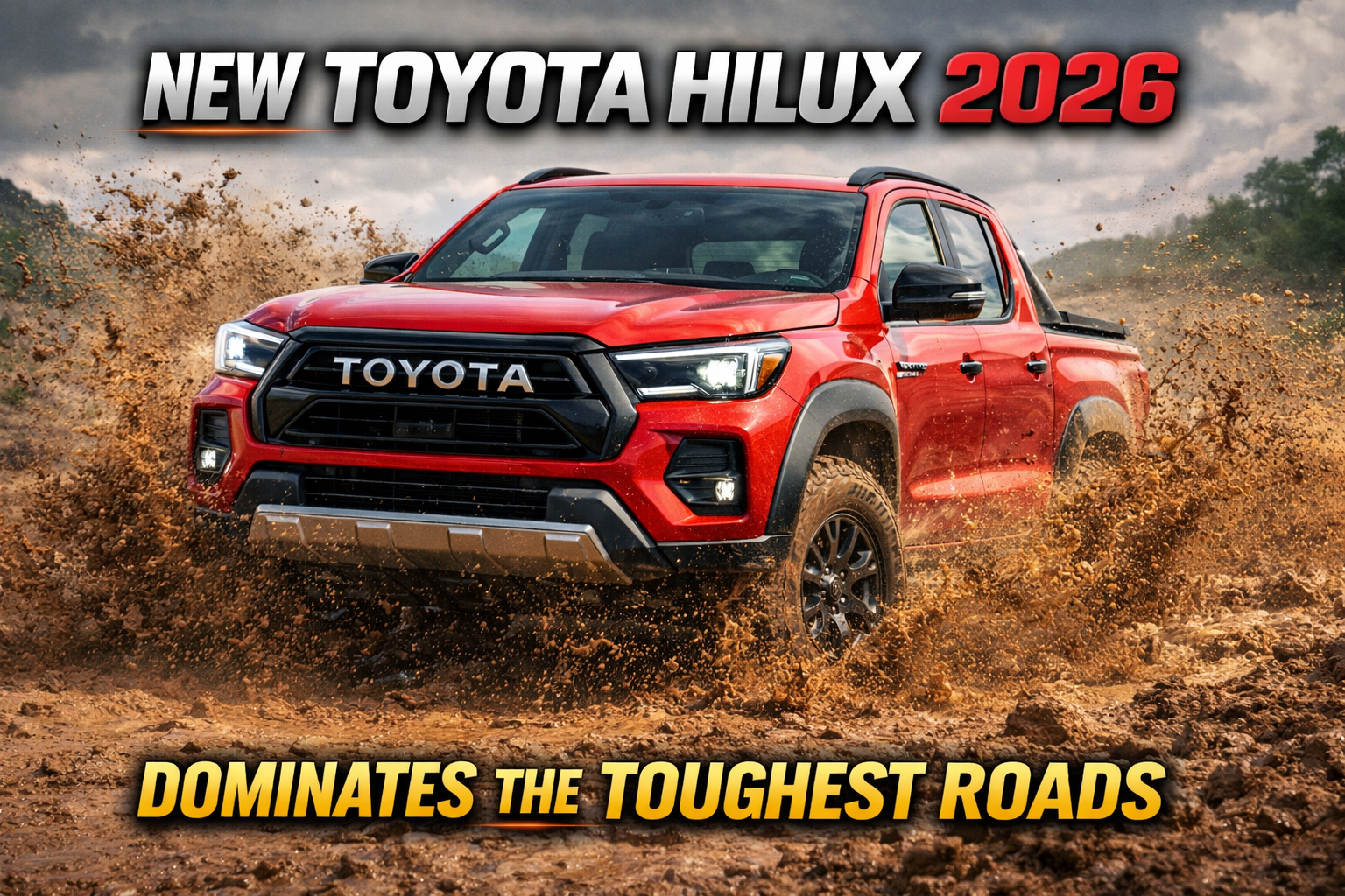New Toyota Hilux 2026 driving through deep mud, showcasing powerful off-road performance and rugged pickup durability