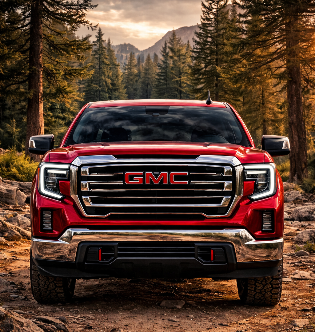 Front view of a 2026 GMC Sierra red full-size pickup truck on a rugged forest trail, highlighting its bold grille and LED headlights
