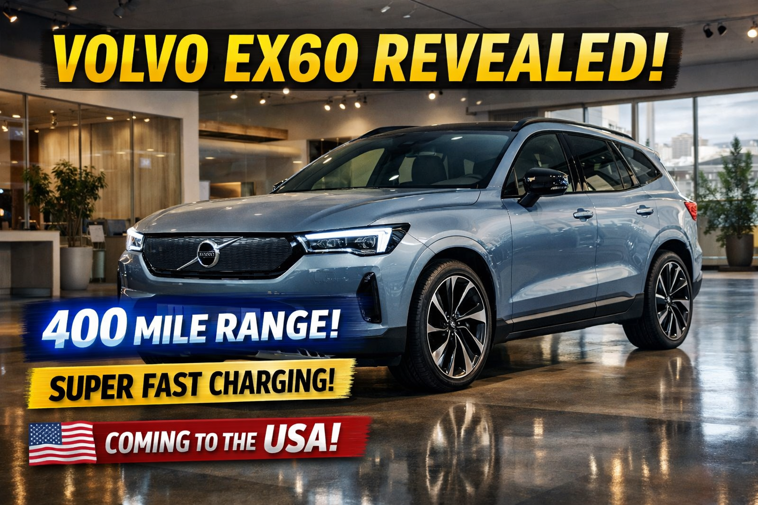 Volvo EX60 electric SUV standing in a modern showroom with launch highlights