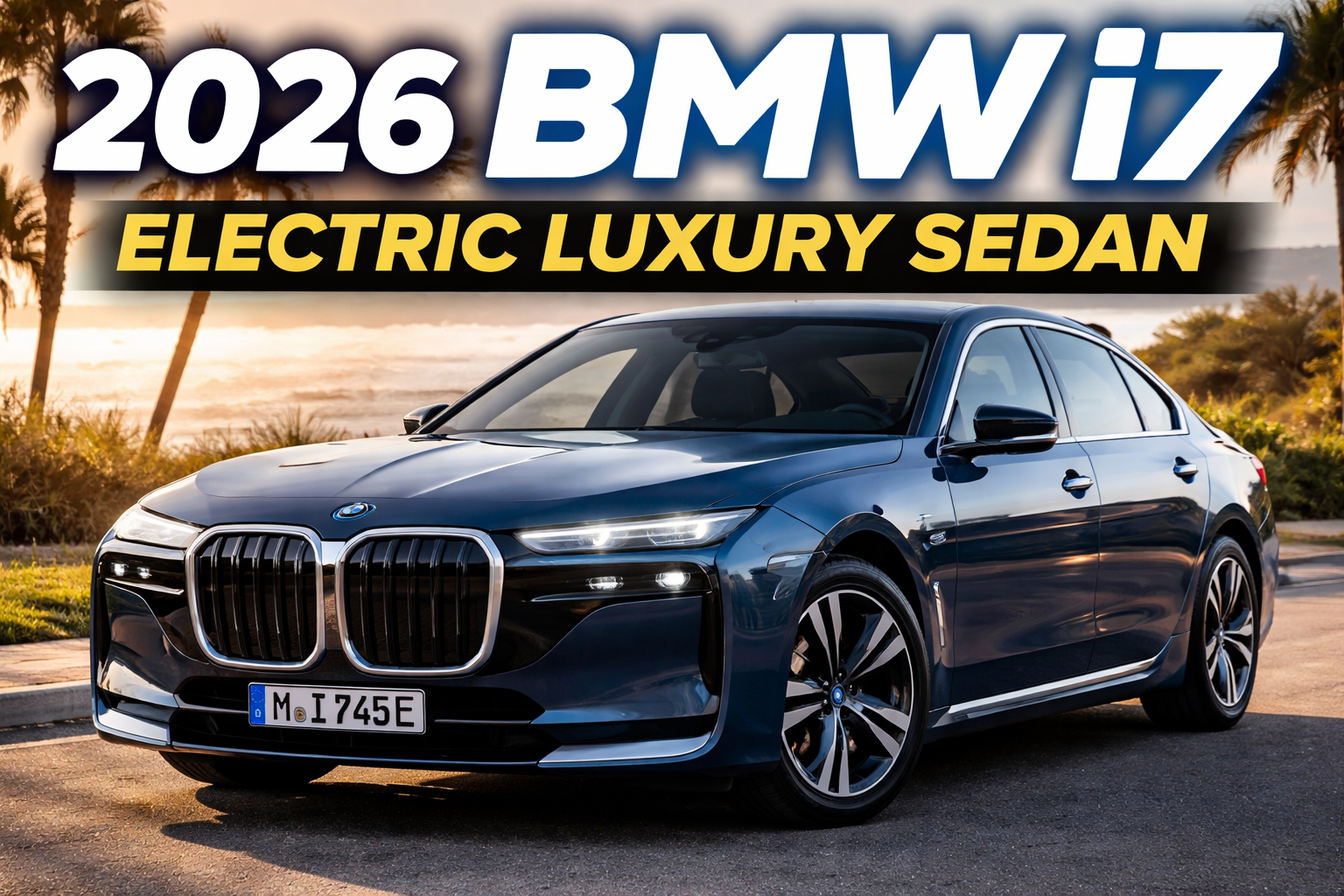 2026 BMW i7 Electric Luxury Sedan parked on a scenic coastal road at sunset, showcasing modern design and elegance