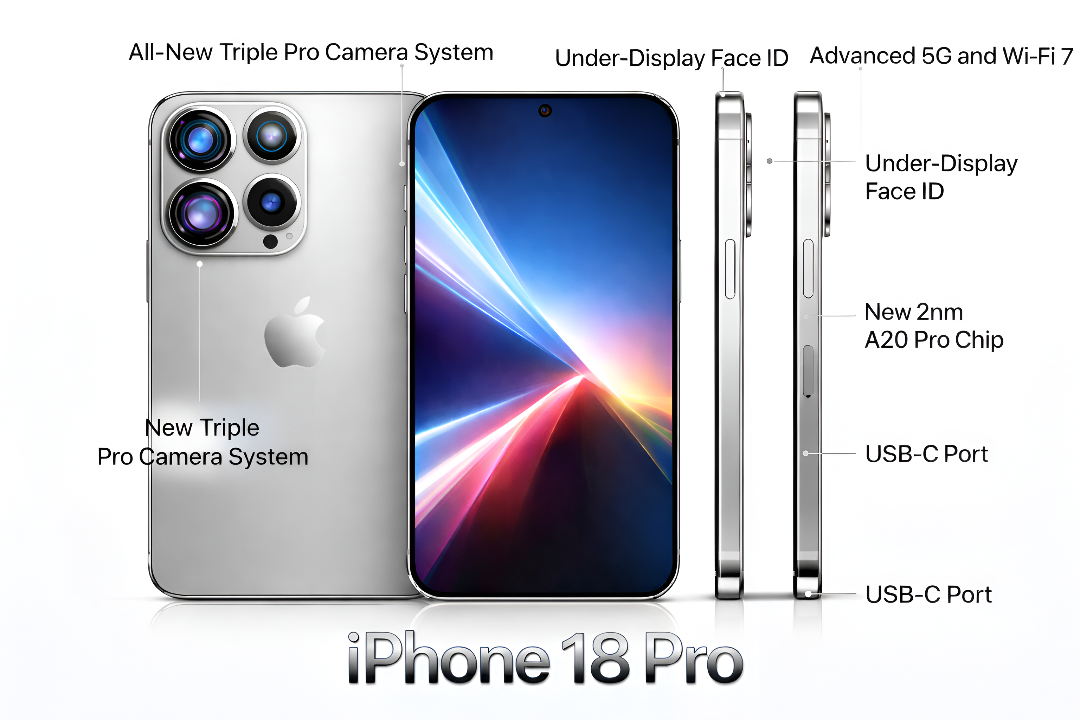 iPhone 18 Pro showcasing a new and unique Triple Pro Camera design, under-display Face ID, A20 Pro chip, slim titanium frame, and edge-to-edge OLED display – Apple flagship phone 2026