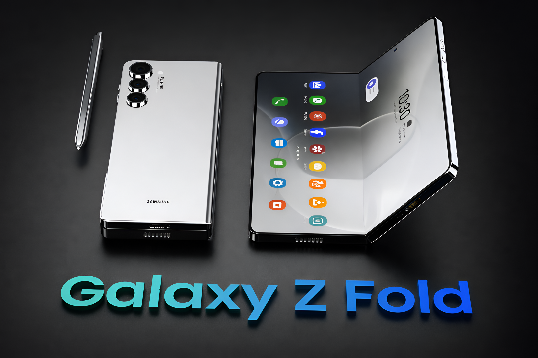 Samsung Galaxy Z Fold 8 foldable smartphone showing unfolded display, triple rear camera, S Pen, and premium design with power and camera