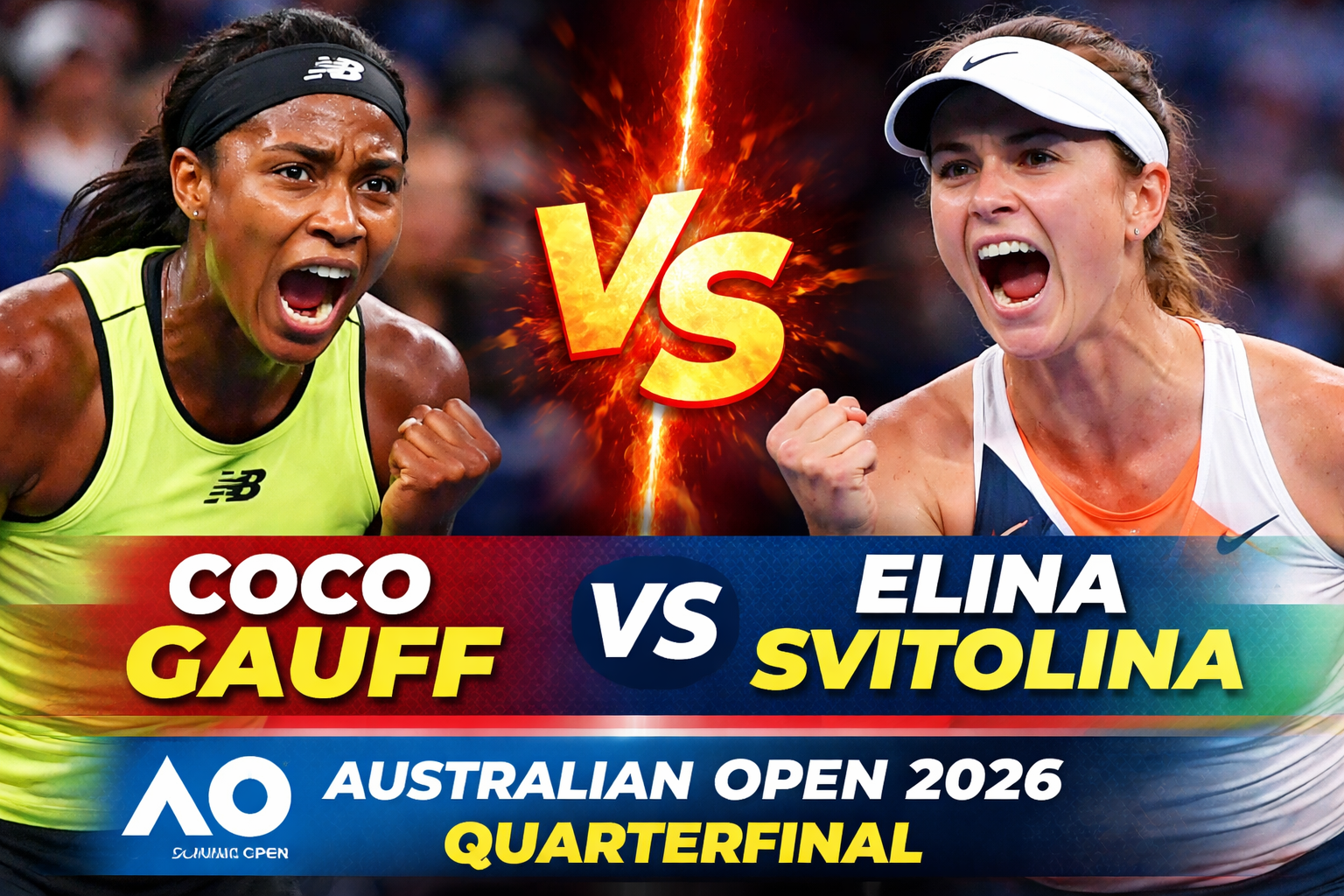 Coco Gauff vs Elina Svitolina during the Australian Open 2026 quarterfinal match, showing both players celebrating points on court in a high-intensity tennis showdown