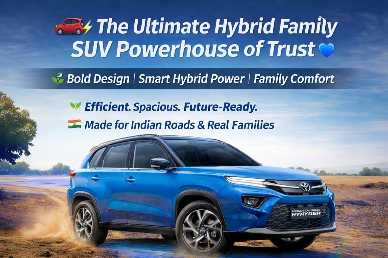 Toyota Urban Cruiser Hyryder 7-Seater hybrid SUV driving on rugged terrain showcasing bold design, smart hybrid power, and family comfort in India
