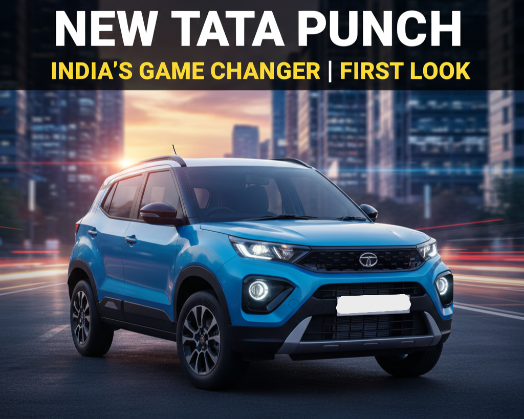 A bold, high-contrast thumbnail featuring the new Tata Punch in a vibrant color, parked against a modern urban backdrop with dramatic lighting to highlight its rugged design and compact SUV stance.