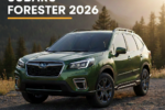 A side-profile view of the 2026 Subaru Forester in Autumn Green Metallic, driving through a misty forest trail. The image highlights its rugged stance, high ground clearance, and sleek new LED headlight design, tailored for a professional automotive blog.