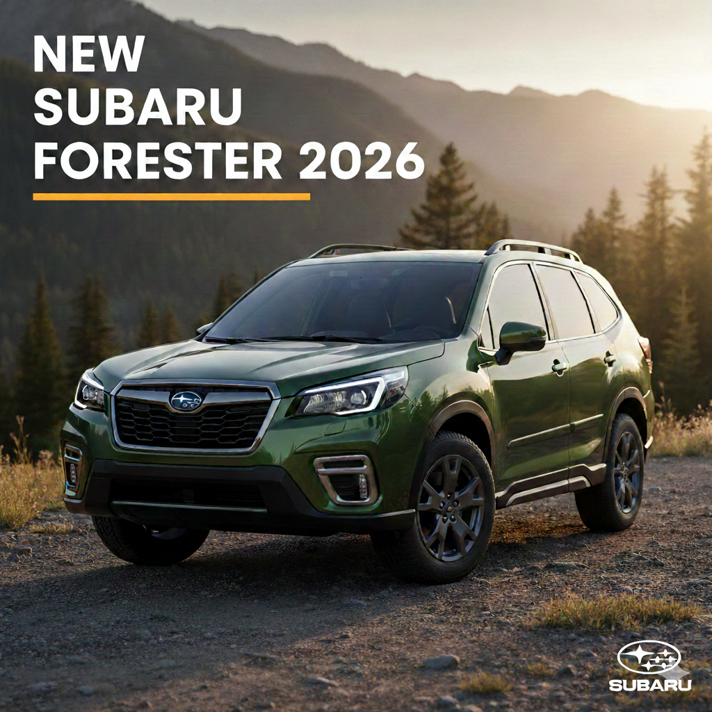 A side-profile view of the 2026 Subaru Forester in Autumn Green Metallic, driving through a misty forest trail. The image highlights its rugged stance, high ground clearance, and sleek new LED headlight design, tailored for a professional automotive blog.
